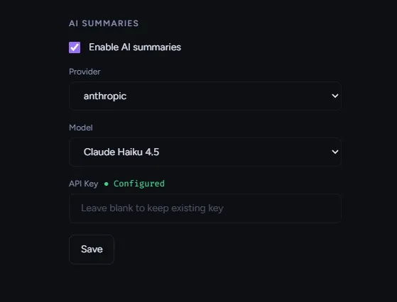 Admin settings page showing AI summary provider configuration fields