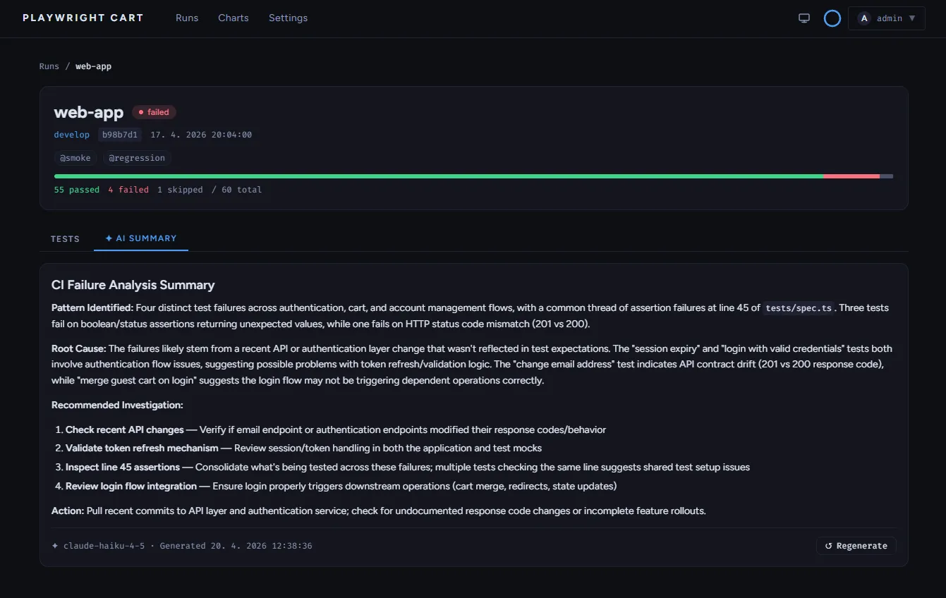 AI-generated summary panel on the test run detail page