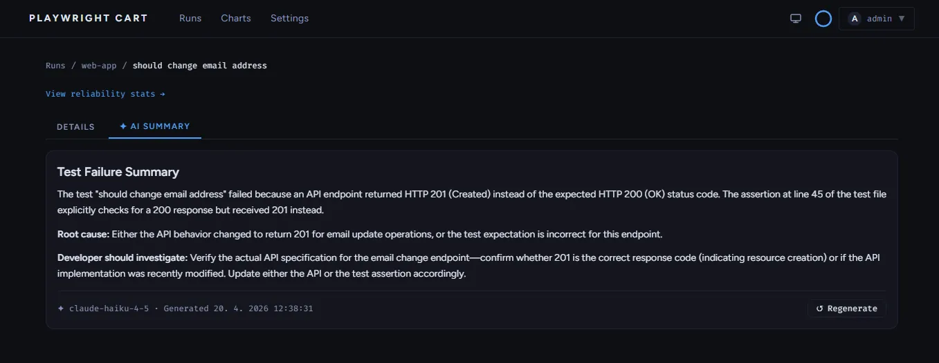 AI-generated summary panel on the individual test detail page