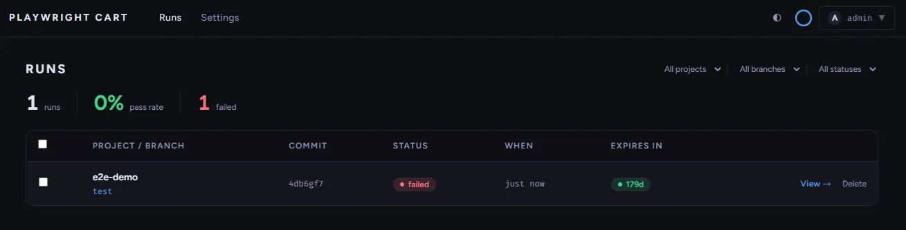 playwright-cart main dashboard showing test runs grouped by project and branch with pass/fail status indicators