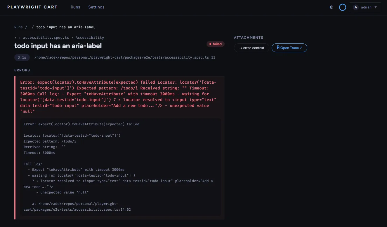 Failed test detail page showing error stack trace, failure message, and associated screenshots