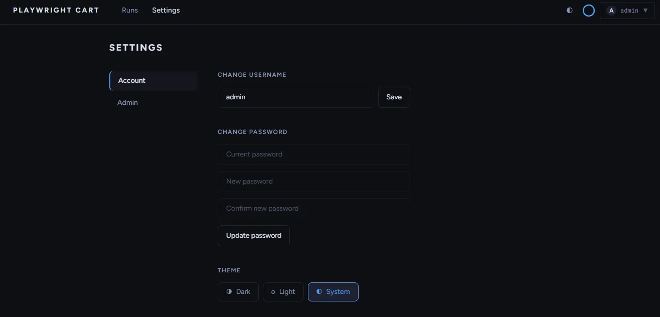 Account settings page showing API key generation, user preferences and theme selection