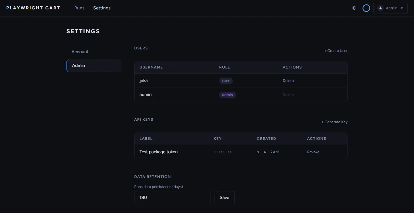 Admin settings page showing user management, role-based access control and data retention configuration